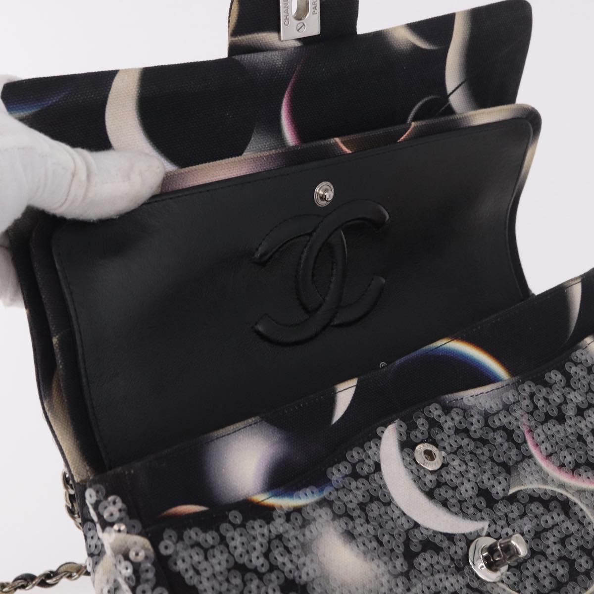 CHANEL Double Flap Chain Space Pattern Bag Canvas Black Silver CC Auth 187039SAM