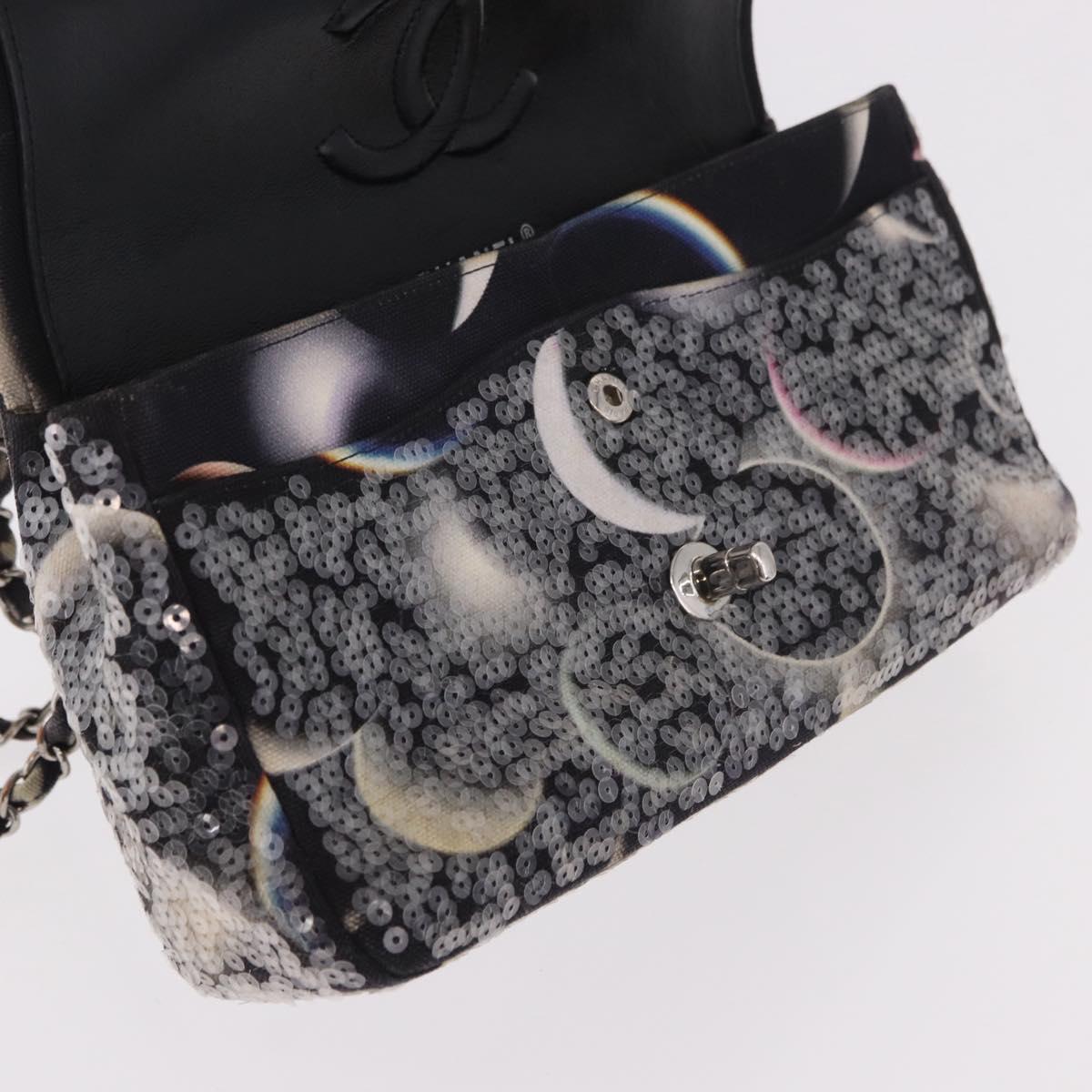 CHANEL Double Flap Chain Space Pattern Bag Canvas Black Silver CC Auth 187039SAM