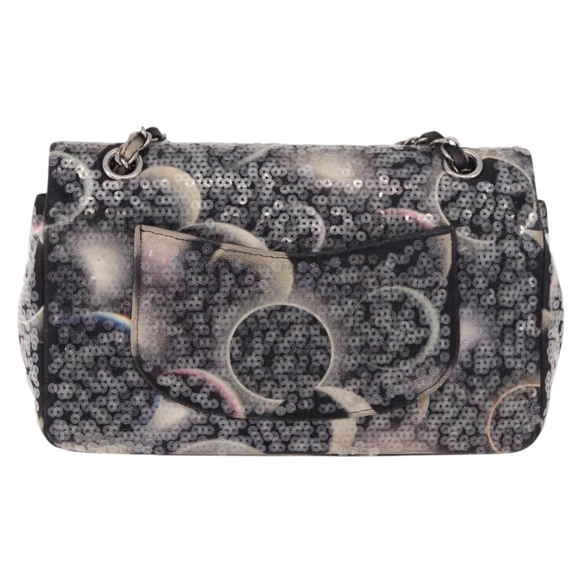 CHANEL Double Flap Chain Space Pattern Bag Canvas Black Silver CC Auth 187039SAM