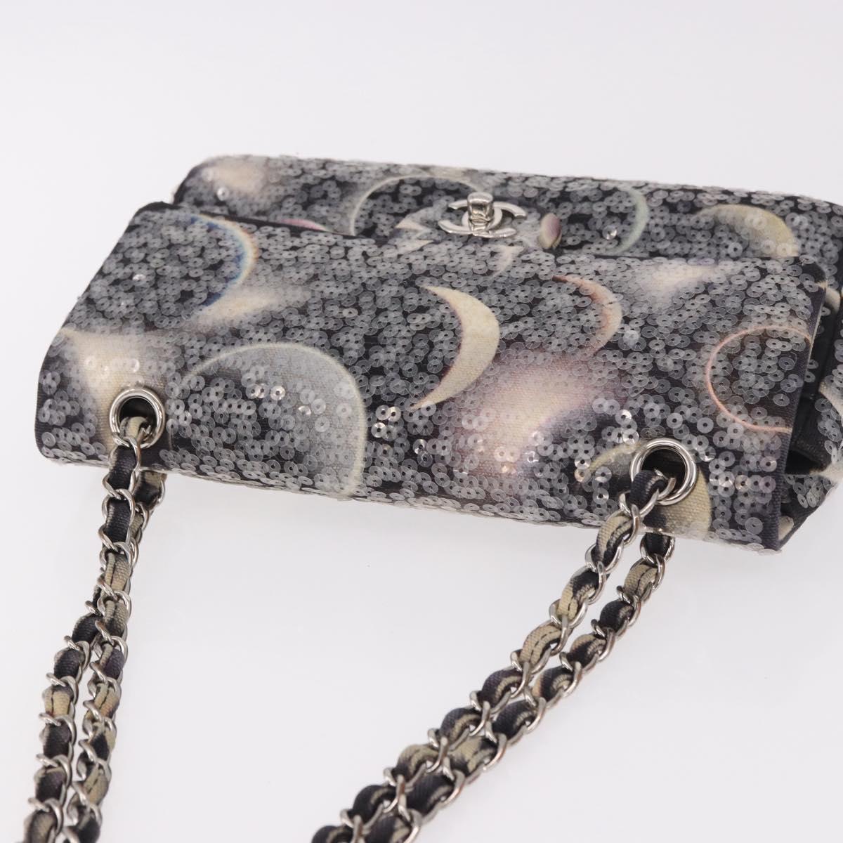 CHANEL Double Flap Chain Space Pattern Bag Canvas Black Silver CC Auth 187039SAM