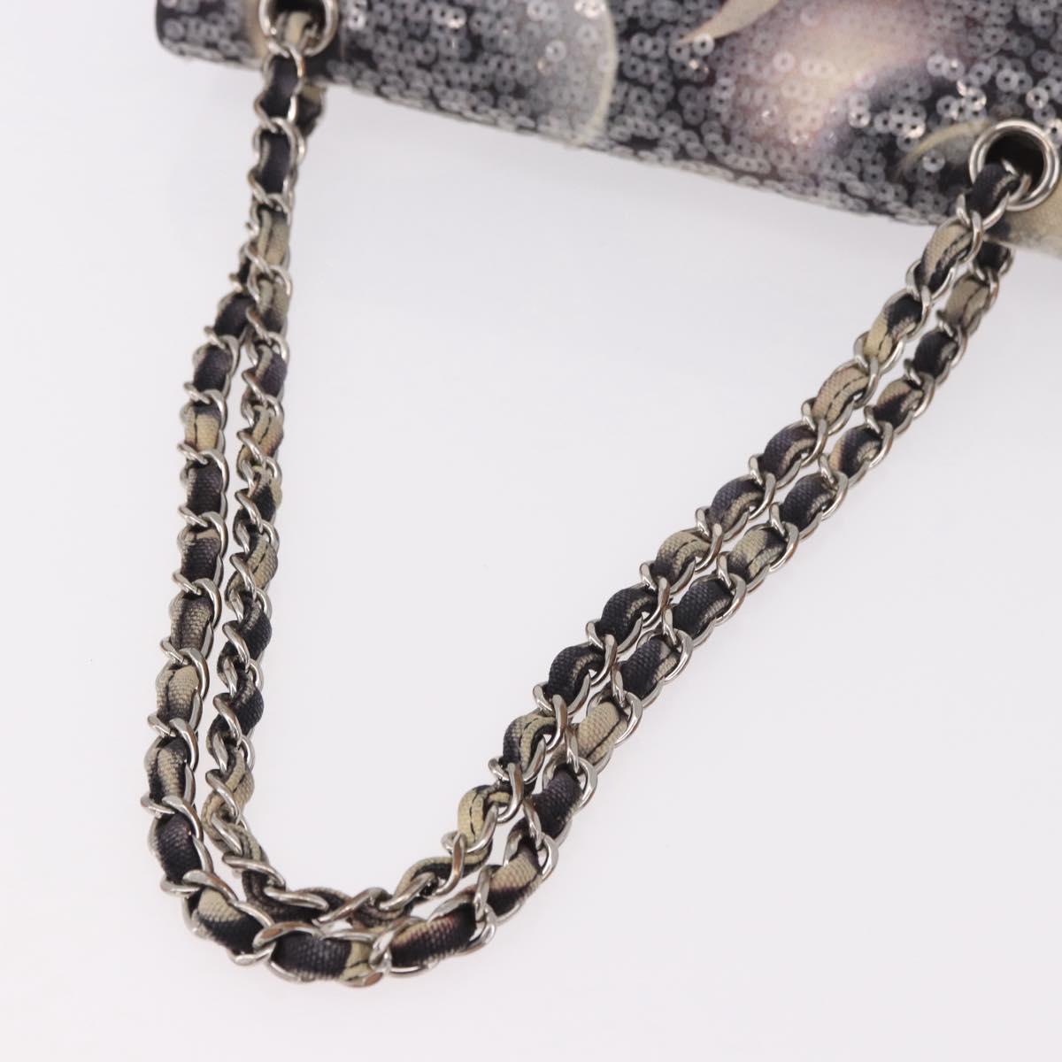 CHANEL Double Flap Chain Space Pattern Bag Canvas Black Silver CC Auth 187039SAM