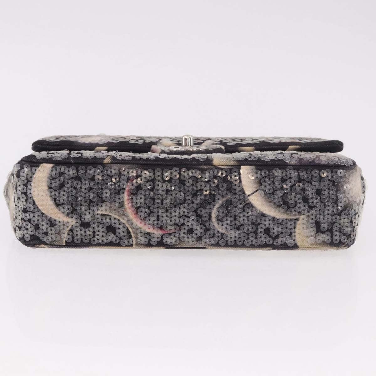 CHANEL Double Flap Chain Space Pattern Bag Canvas Black Silver CC Auth 187039SAM