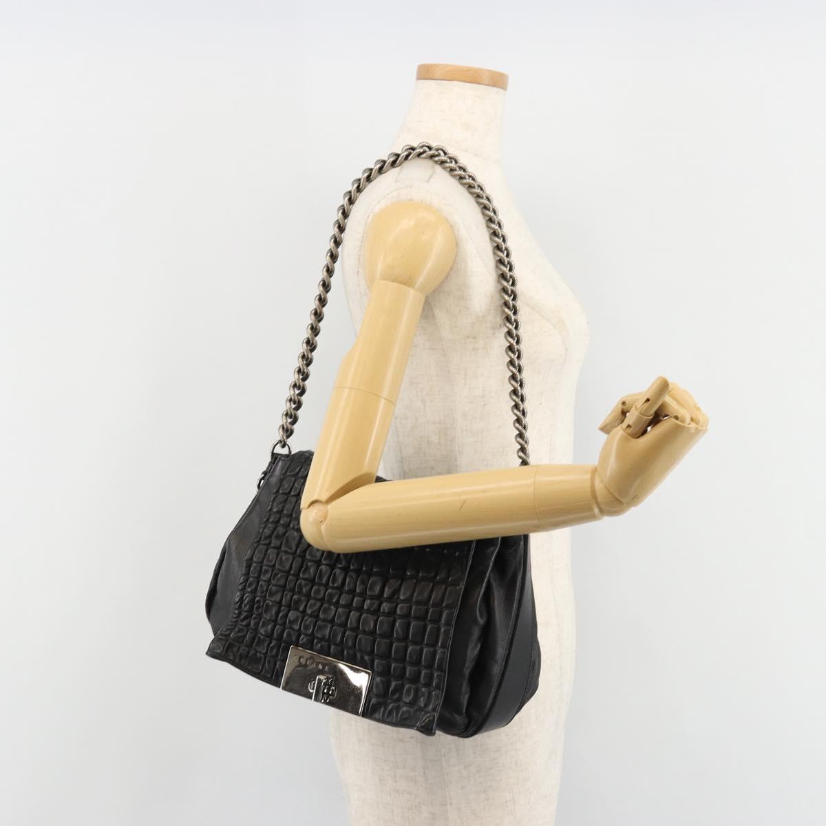 CELINE Chain Shoulder Bag Leather Black Silver Auth 187041SAV