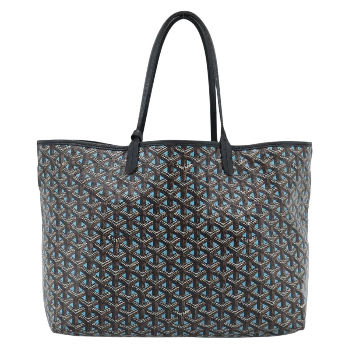 GOYARD Herringbone Saint Louis PM Tote Bag PVC Turquoise Blue Silver Auth 187046