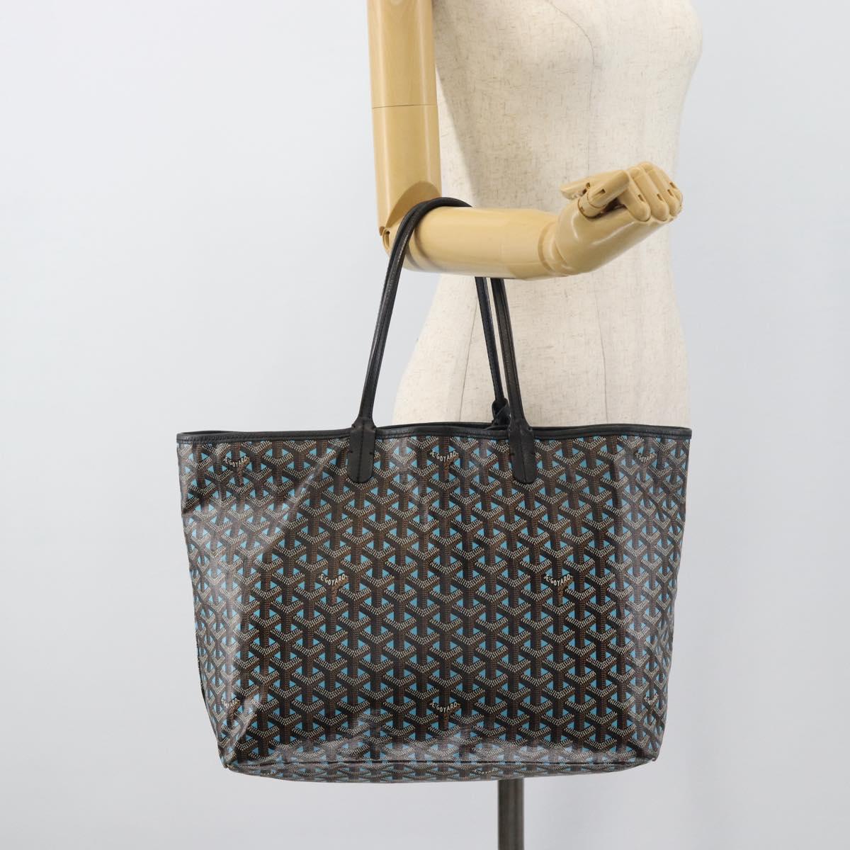 GOYARD Herringbone Saint Louis PM Tote Bag PVC Turquoise Blue Silver Auth 187046