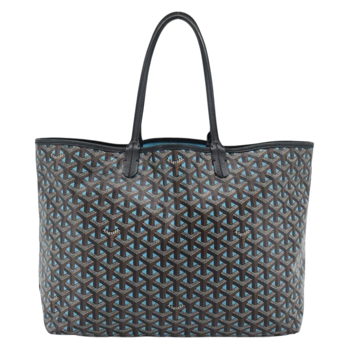 GOYARD Herringbone Saint Louis PM Tote Bag PVC Turquoise Blue Silver Auth 187046