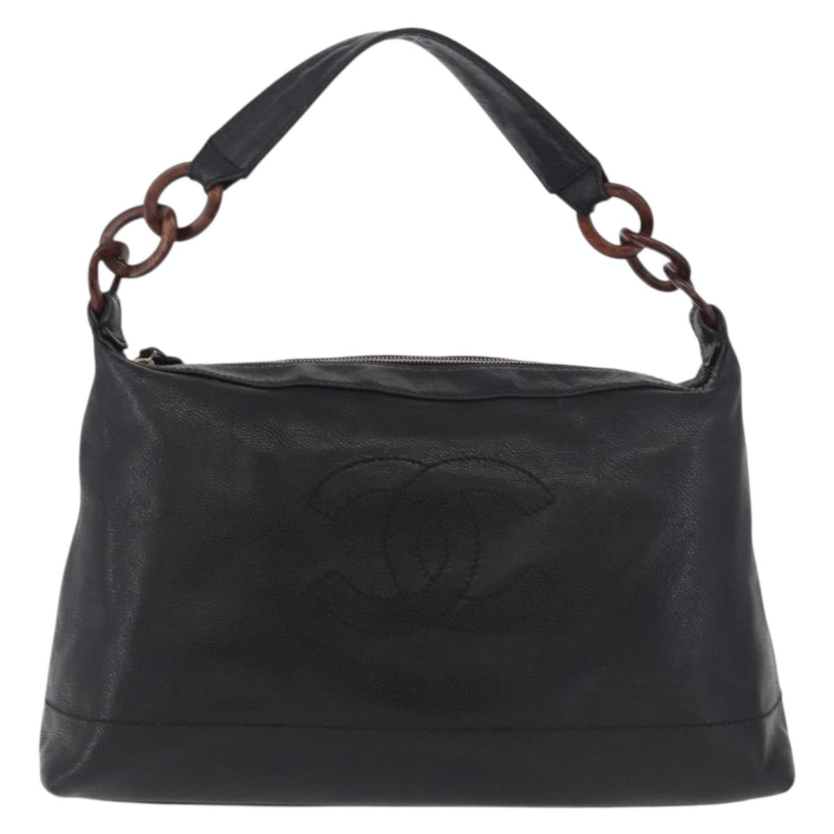 CHANEL Chain Shoulder Bag Caviar Skin Black Gold CC Auth 187048SAV