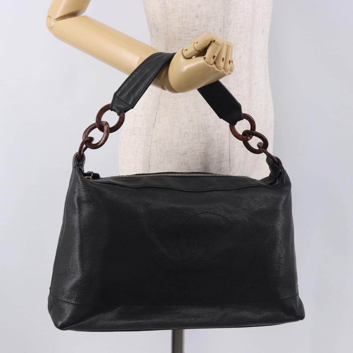 CHANEL Chain Shoulder Bag Caviar Skin Black Gold CC Auth 187048SAV