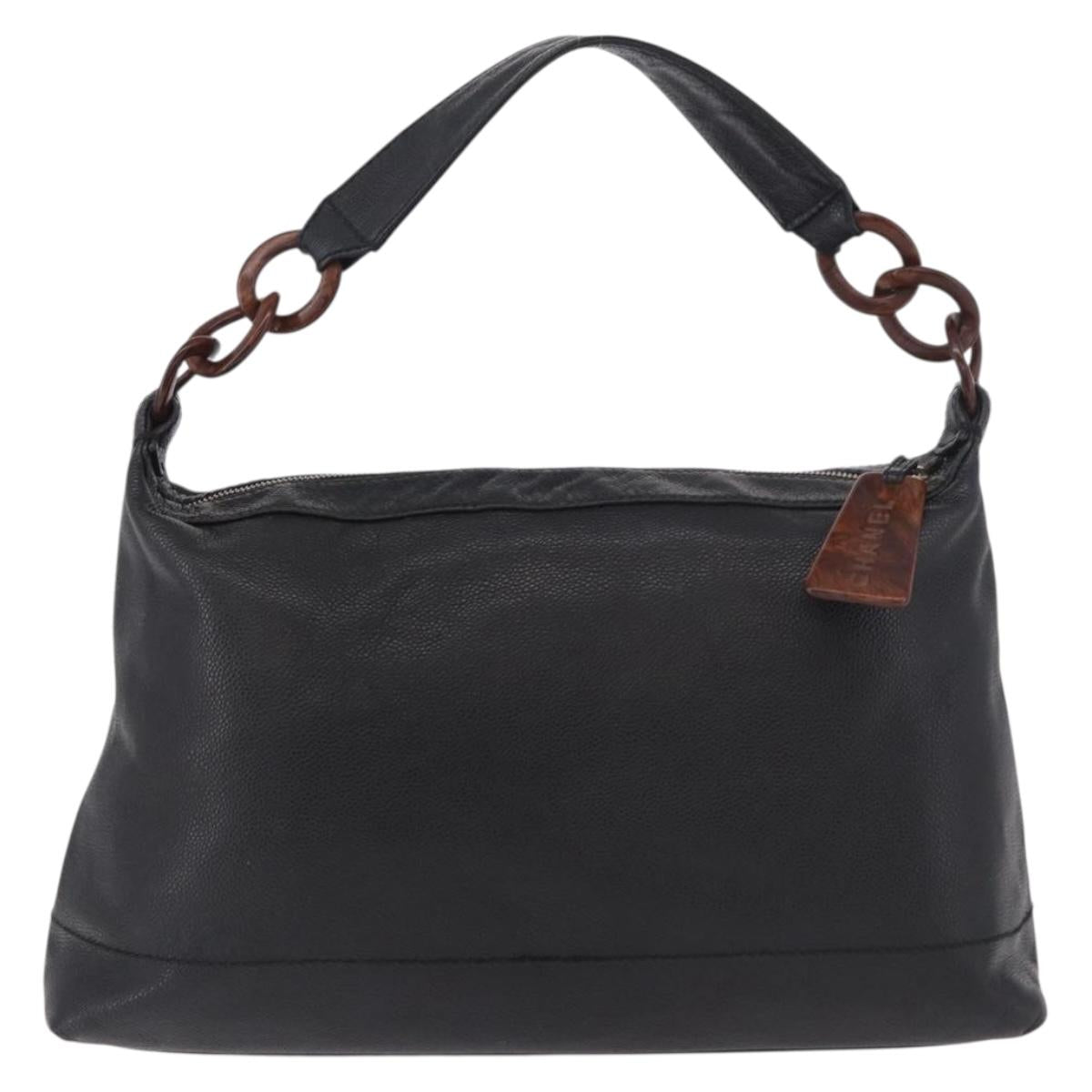 CHANEL Chain Shoulder Bag Caviar Skin Black Gold CC Auth 187048SAV