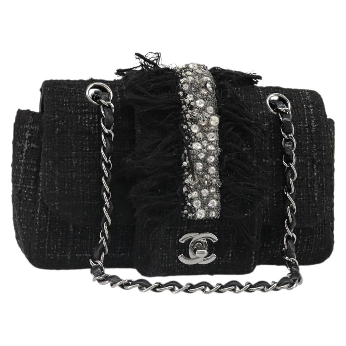 CHANEL Chain Shoulder Bag Tweed Silver Black CC Auth 187052SAM