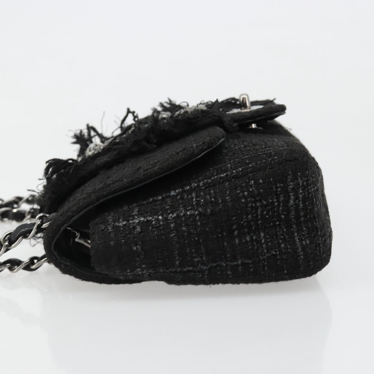 CHANEL Chain Shoulder Bag Tweed Silver Black CC Auth 187052SAM