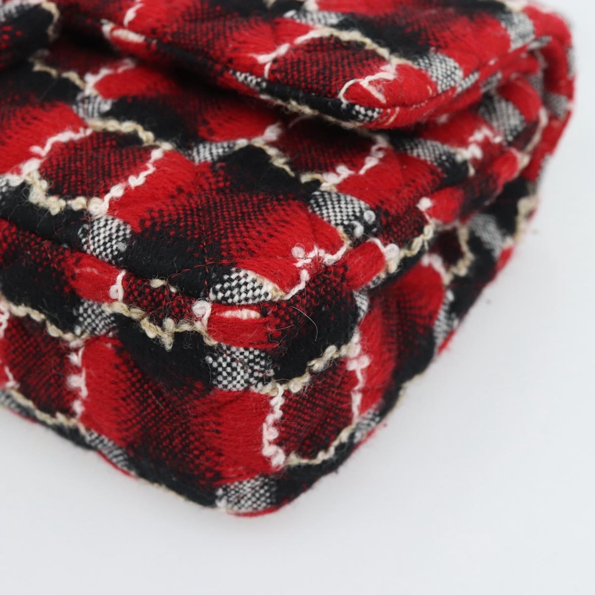 CHANEL Matelasse25 Double Flap Chain Bag Tweed Red Silver CC Auth 187053SAM