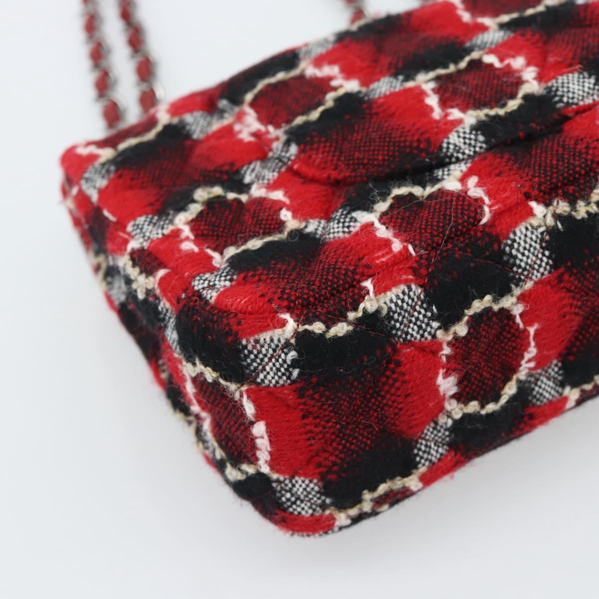 CHANEL Matelasse25 Double Flap Chain Bag Tweed Red Silver CC Auth 187053SAM