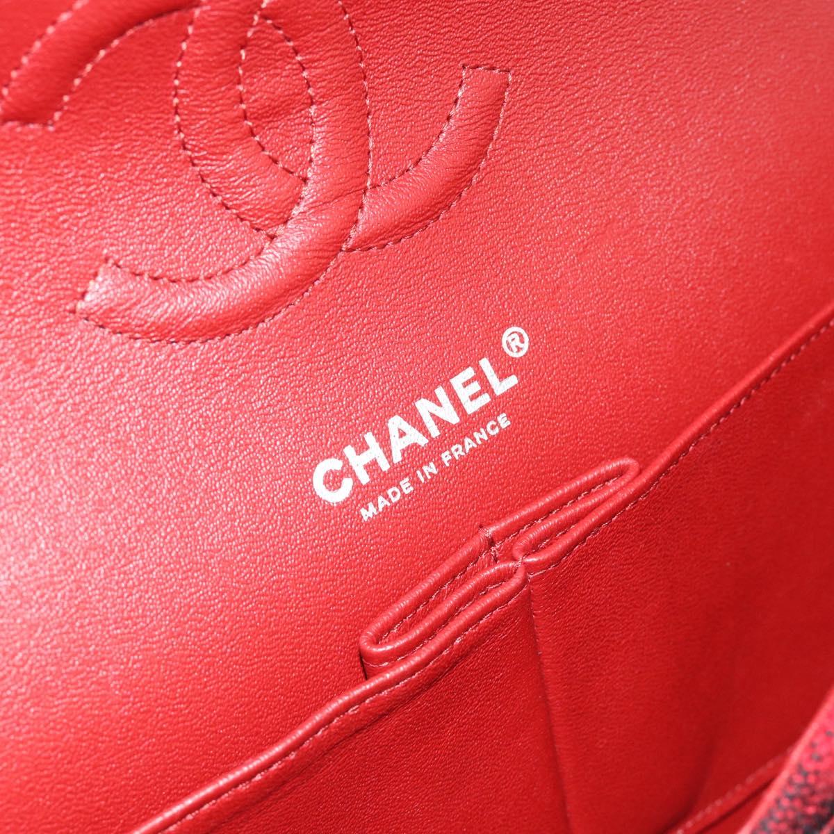 CHANEL Matelasse25 Double Flap Chain Bag Tweed Red Silver CC Auth 187053SAM