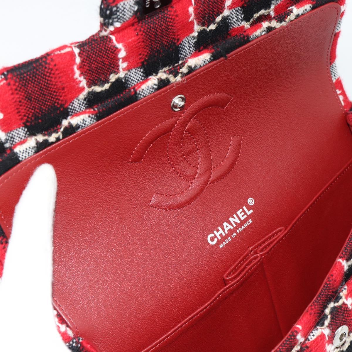 CHANEL Matelasse25 Double Flap Chain Bag Tweed Red Silver CC Auth 187053SAM