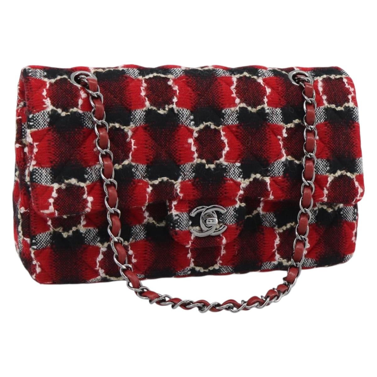 CHANEL Matelasse25 Double Flap Chain Bag Tweed Red Silver CC Auth 187053SAM