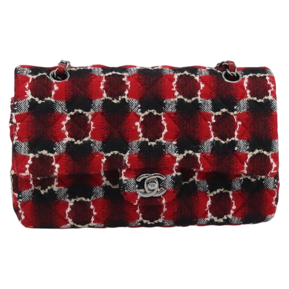 CHANEL Matelasse25 Double Flap Chain Bag Tweed Red Silver CC Auth 187053SAM