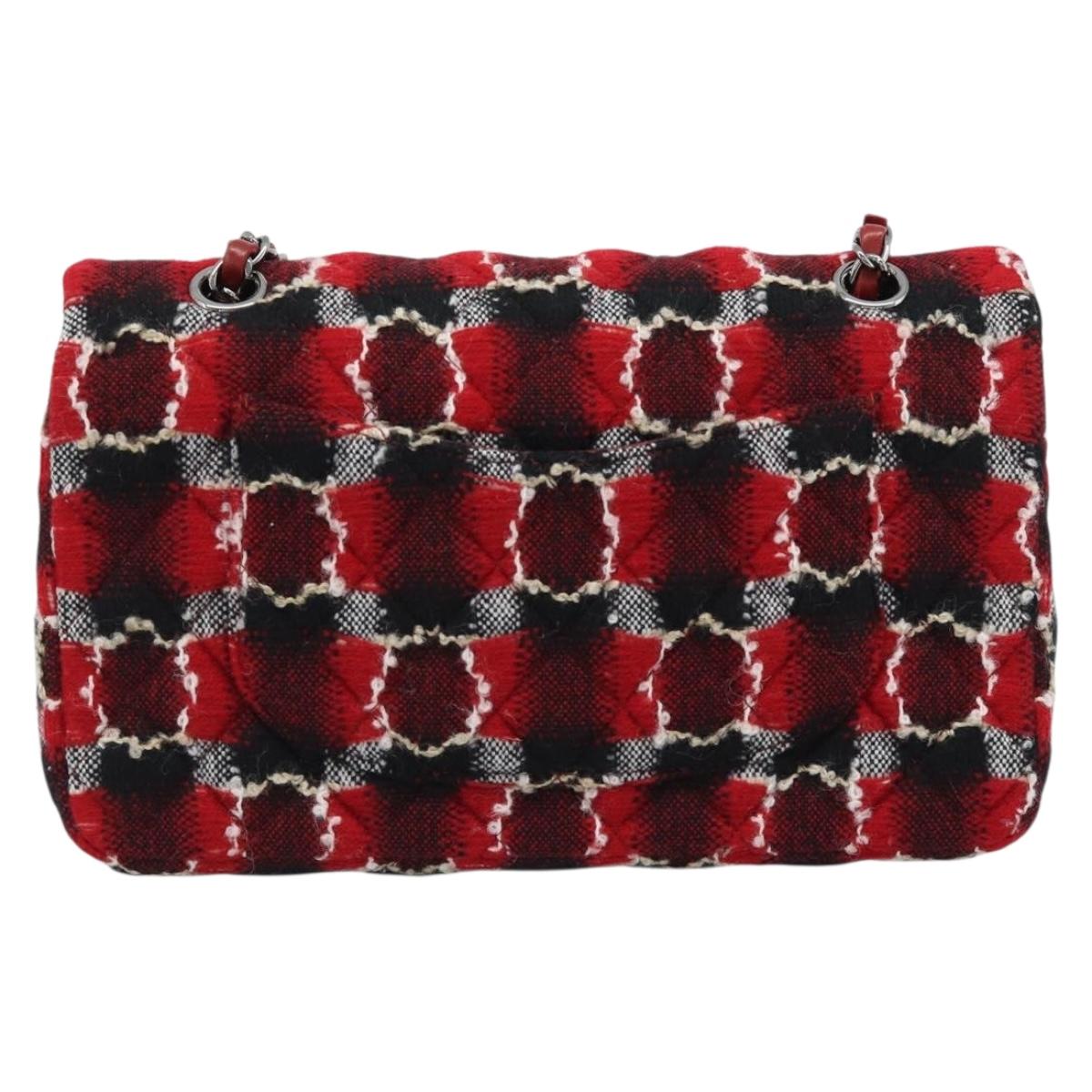 CHANEL Matelasse25 Double Flap Chain Bag Tweed Red Silver CC Auth 187053SAM