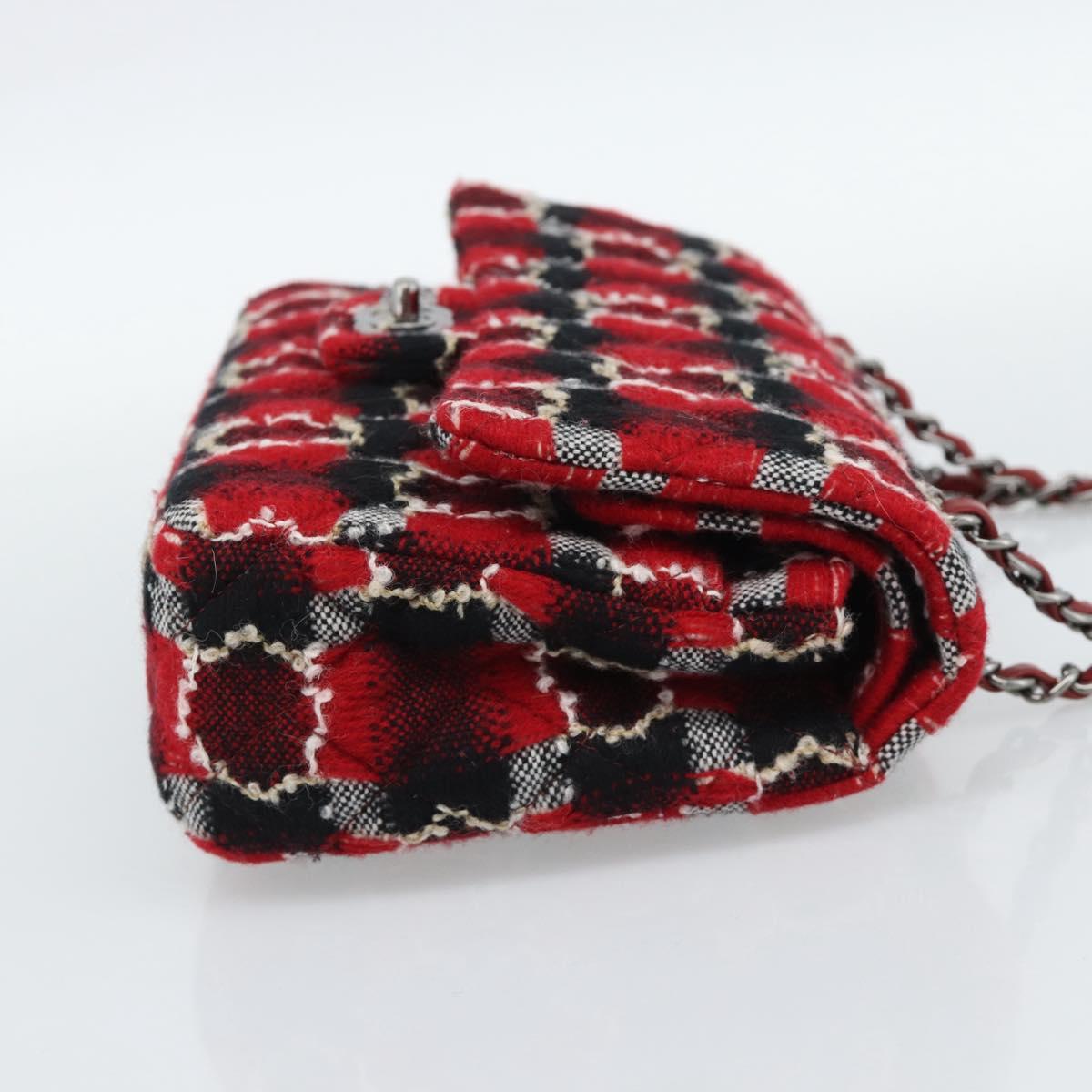 CHANEL Matelasse25 Double Flap Chain Bag Tweed Red Silver CC Auth 187053SAM