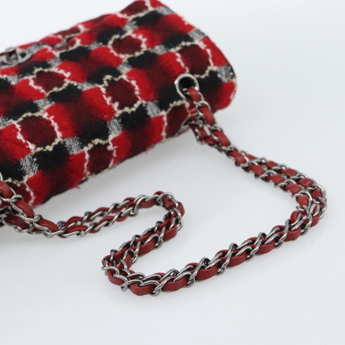 CHANEL Matelasse25 Double Flap Chain Bag Tweed Red Silver CC Auth 187053SAM