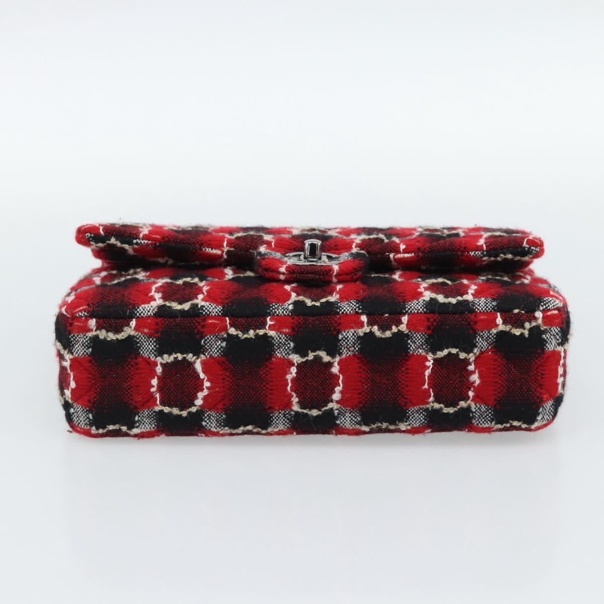 CHANEL Matelasse25 Double Flap Chain Bag Tweed Red Silver CC Auth 187053SAM