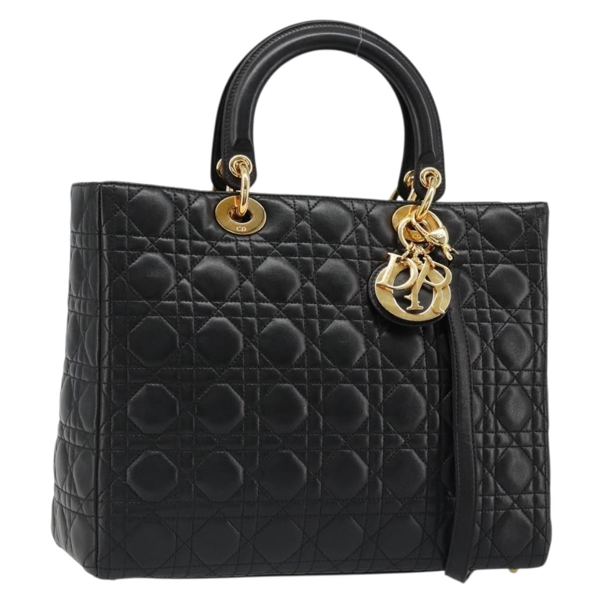 Christian Dior Lady Dior Canage Bag Lamb Skin 2way Black Gold Auth 187084SAM