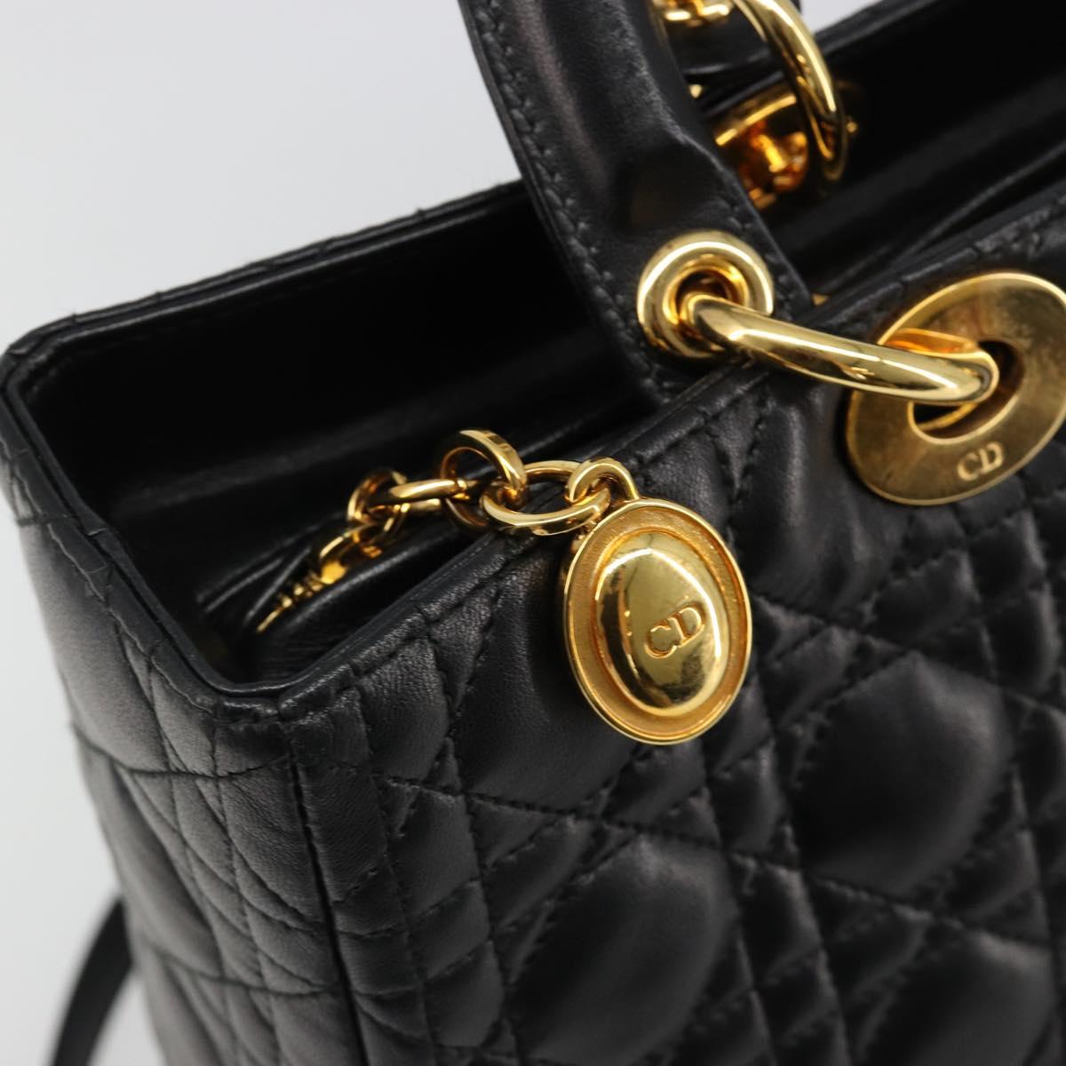 Christian Dior Lady Dior Canage Bag Lamb Skin 2way Black Gold Auth 187084SAM