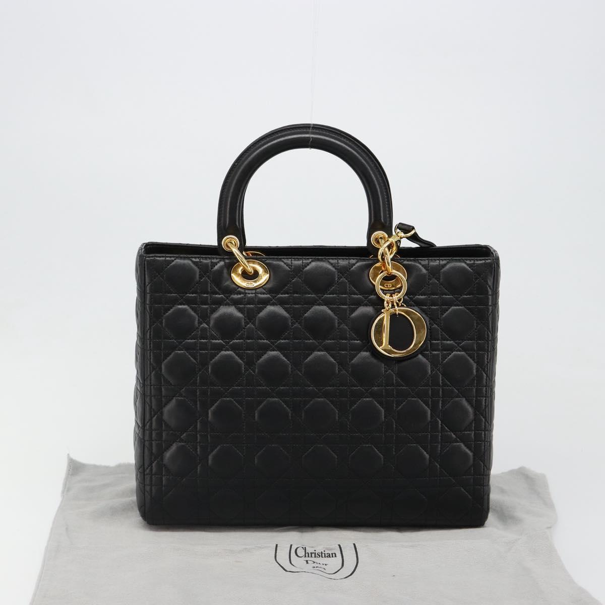 Christian Dior Lady Dior Canage Bag Lamb Skin 2way Black Gold Auth 187084SAM