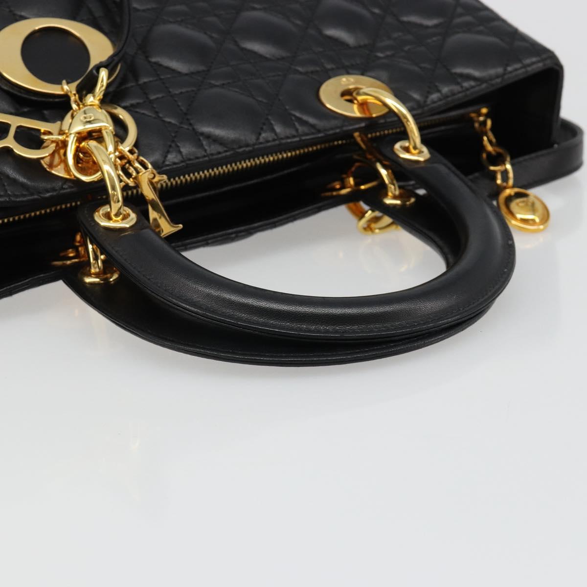 Christian Dior Lady Dior Canage Bag Lamb Skin 2way Black Gold Auth 187084SAM