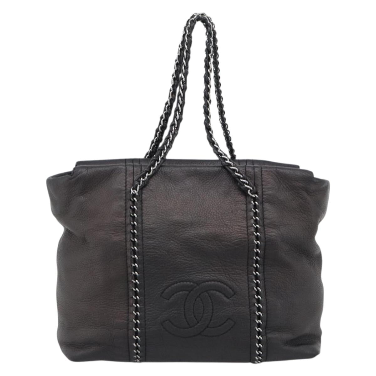 CHANEL Luxury Line Chain Tote Bag Leather Brown Silver CC Auth 187088SAV