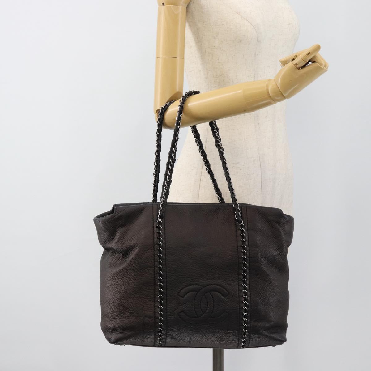 CHANEL Luxury Line Chain Tote Bag Leather Brown Silver CC Auth 187088SAV