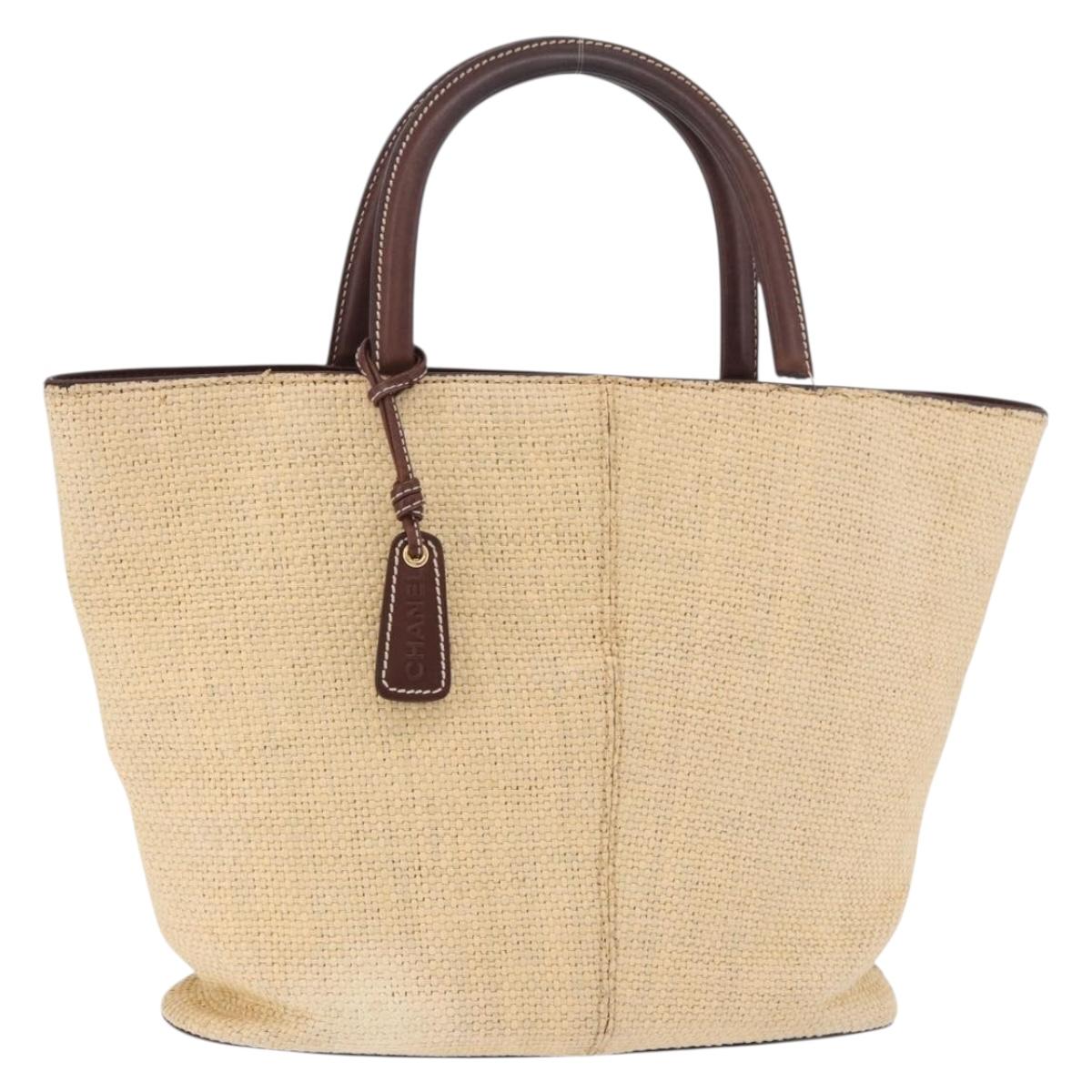 CHANEL Tote Bag Raffia Beige Gold CC Auth 187096