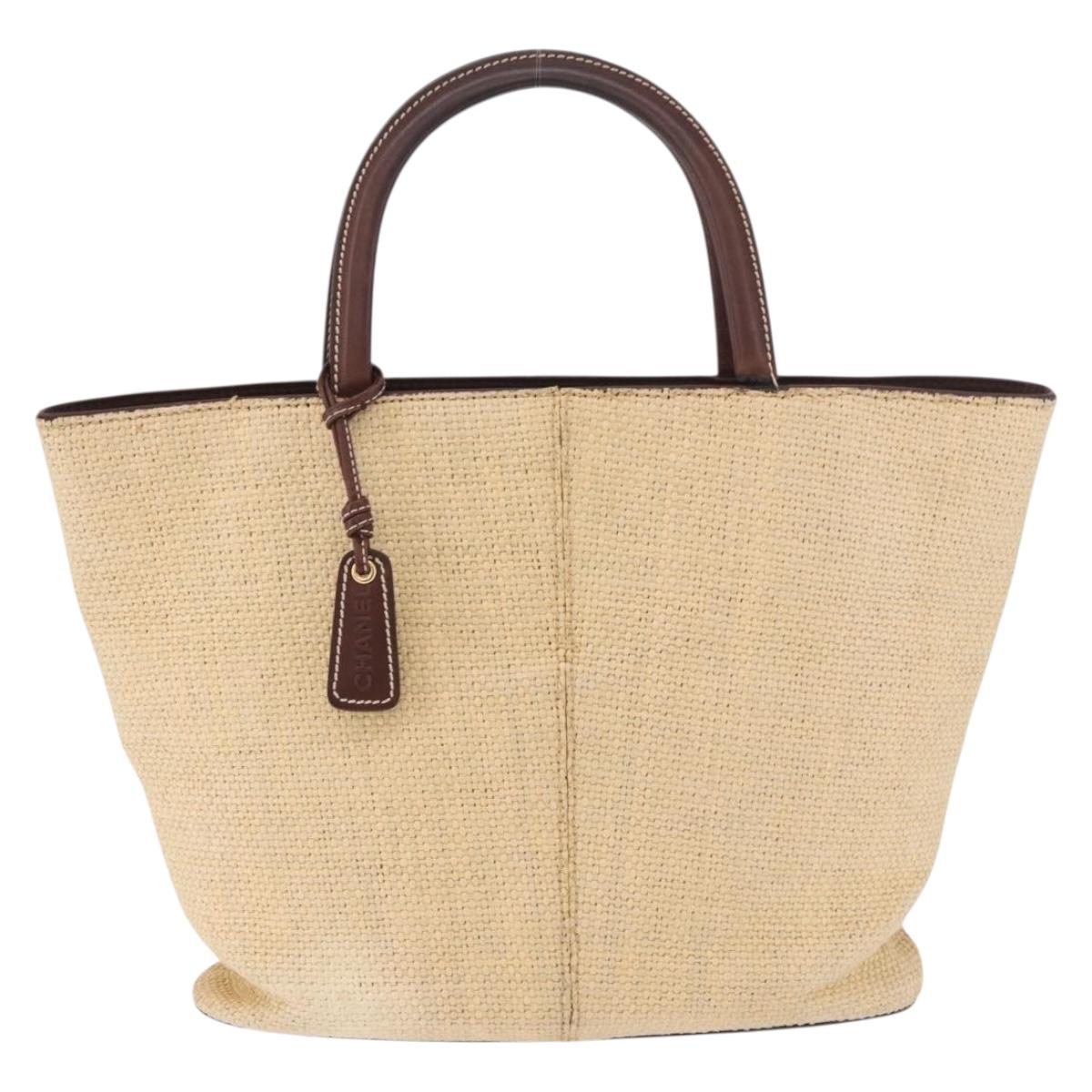 CHANEL Tote Bag Raffia Beige Gold CC Auth 187096