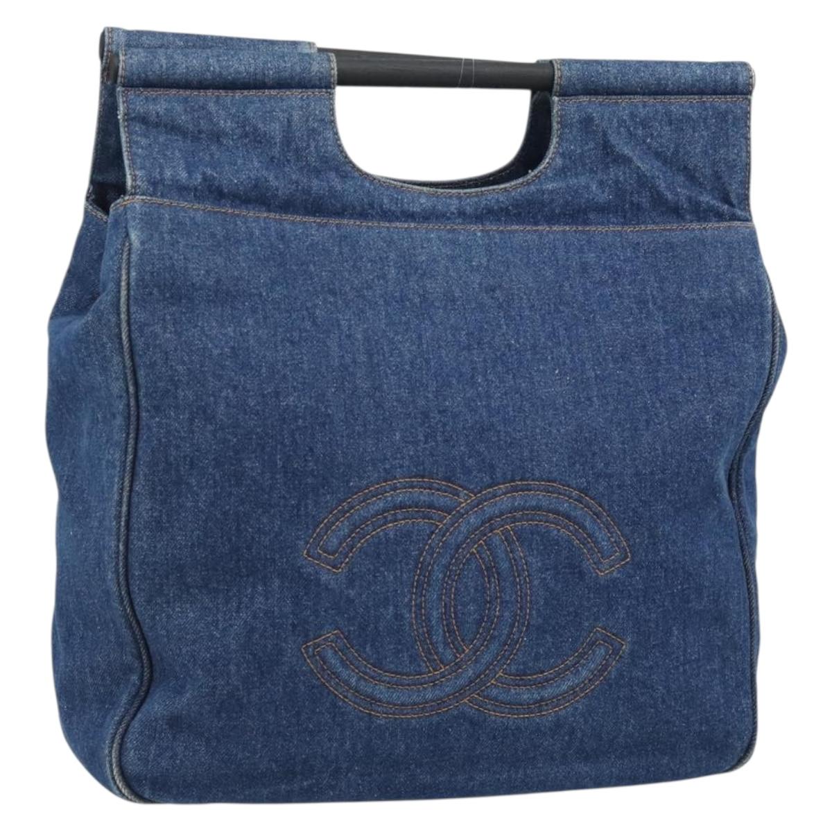 CHANEL Hand Bag Denim Blue Gold CC Auth 187118