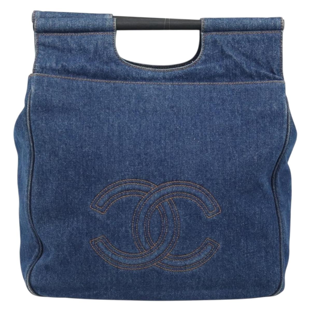 CHANEL Hand Bag Denim Blue Gold CC Auth 187118