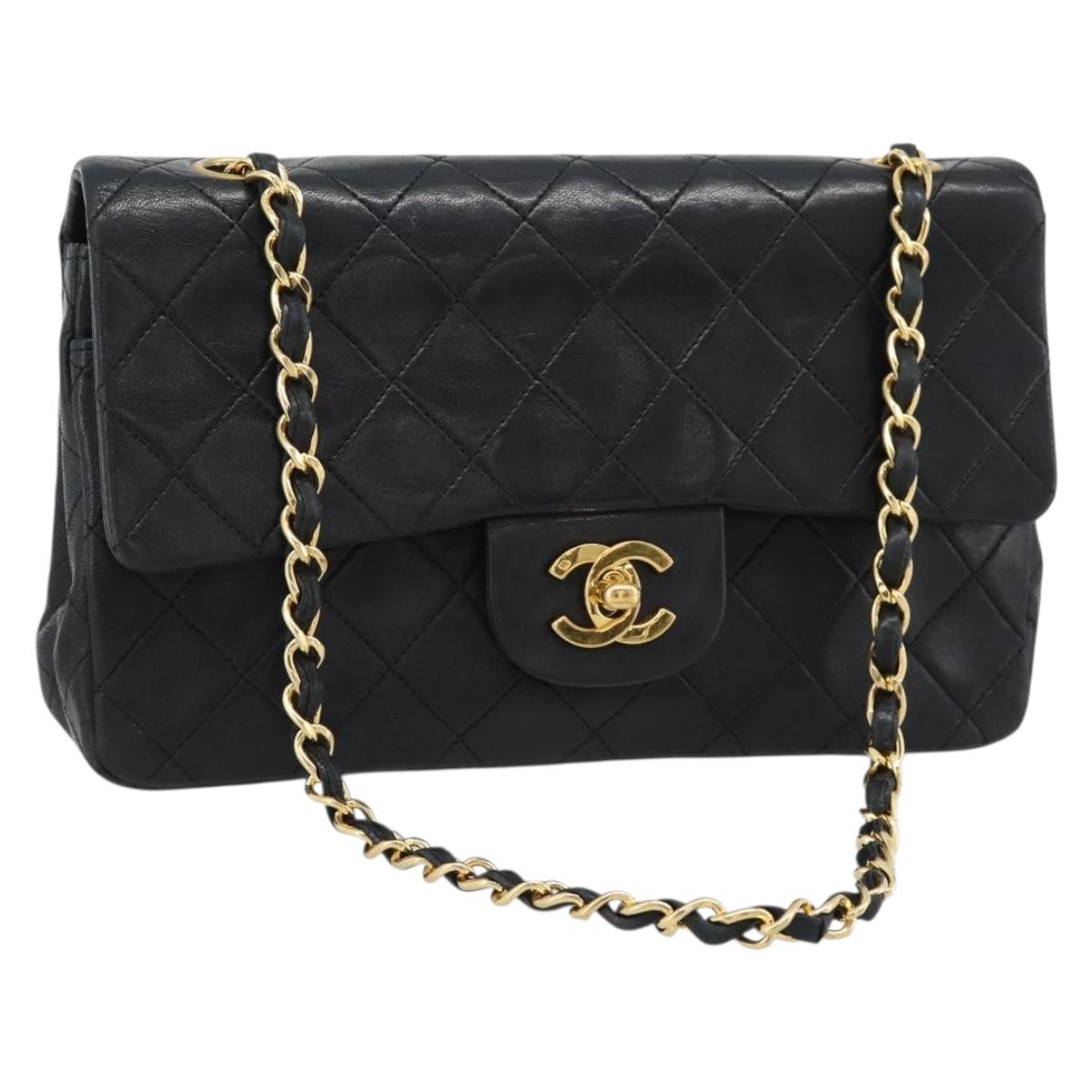 CHANEL Matelasse23 Double Flap Chain Bag Lamb Skin Black Gold CC Auth 187121SAV
