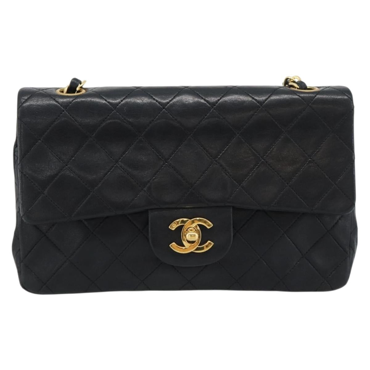 CHANEL Matelasse23 Double Flap Chain Bag Lamb Skin Black Gold CC Auth 187121SAV