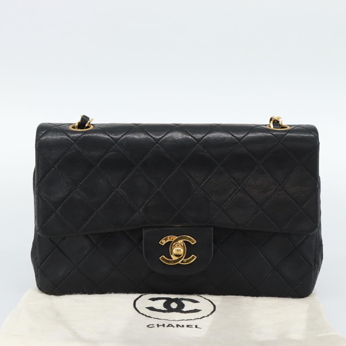 CHANEL Matelasse23 Double Flap Chain Bag Lamb Skin Black Gold CC Auth 187121SAV