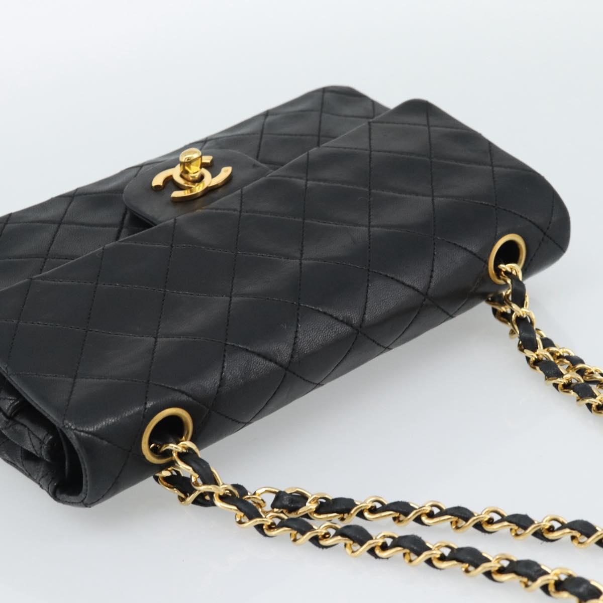 CHANEL Matelasse23 Double Flap Chain Bag Lamb Skin Black Gold CC Auth 187121SAV