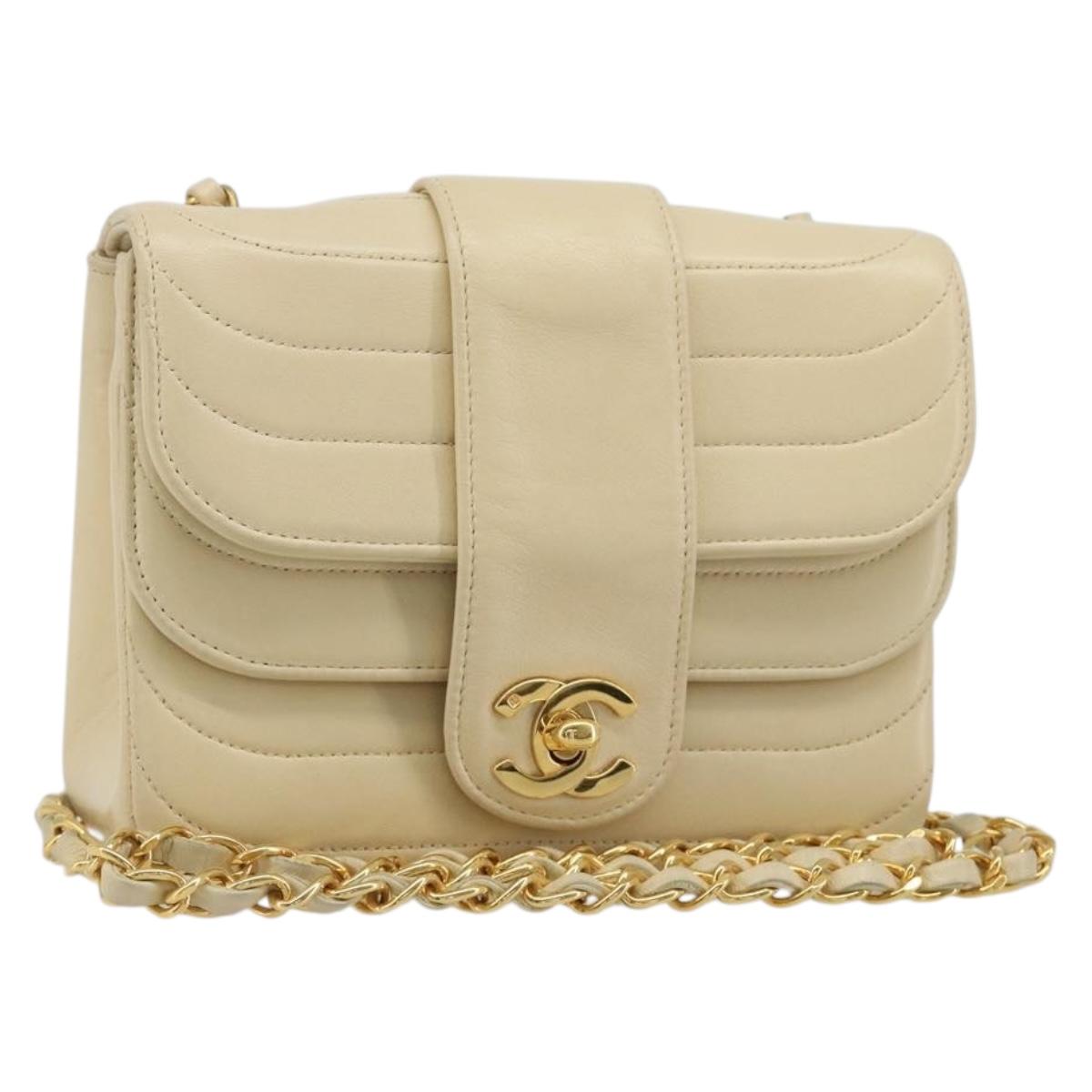 CHANEL Mademoiselle Chain Shoulder Bag Lamb Skin Beige Gold CC Auth 187124SAV
