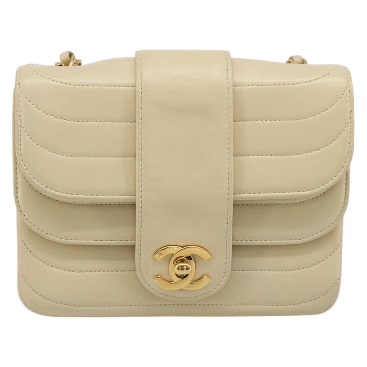 CHANEL Mademoiselle Chain Shoulder Bag Lamb Skin Beige Gold CC Auth 187124SAV