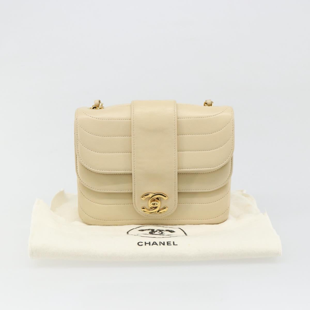 CHANEL Mademoiselle Chain Shoulder Bag Lamb Skin Beige Gold CC Auth 187124SAV
