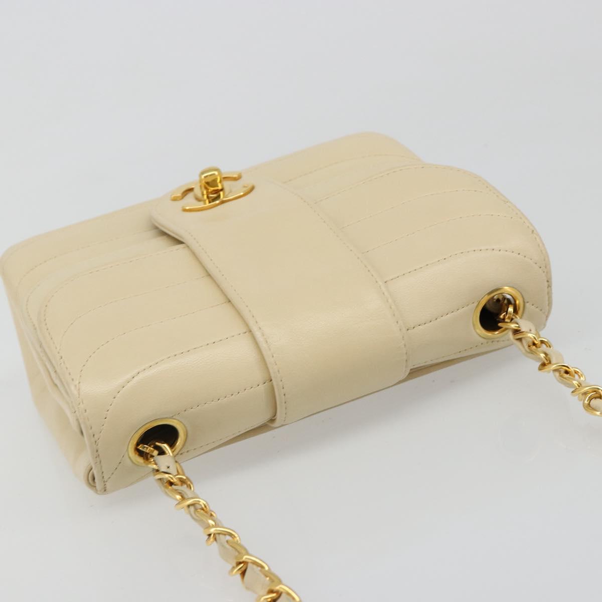 CHANEL Mademoiselle Chain Shoulder Bag Lamb Skin Beige Gold CC Auth 187124SAV