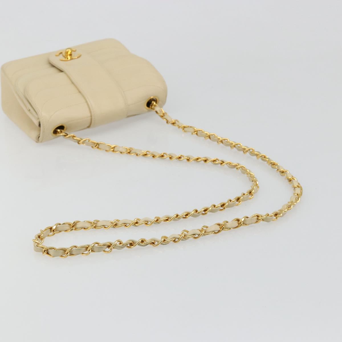 CHANEL Mademoiselle Chain Shoulder Bag Lamb Skin Beige Gold CC Auth 187124SAV
