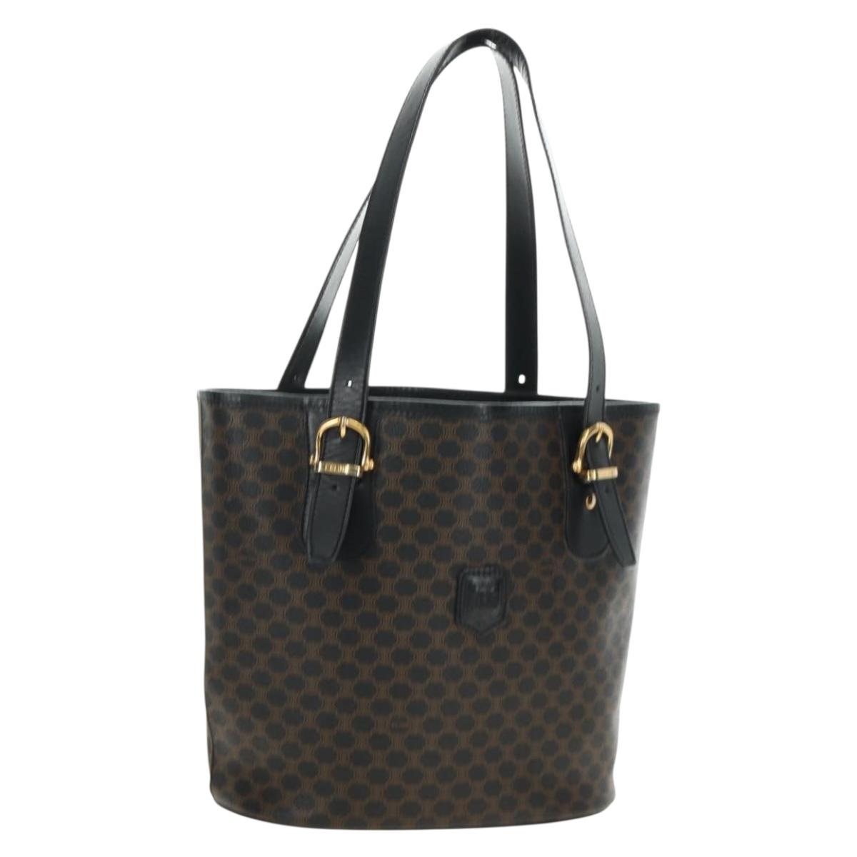 CELINE Macadam Canvas Tote Bag PVC Leather Black Gold Auth 187136V
