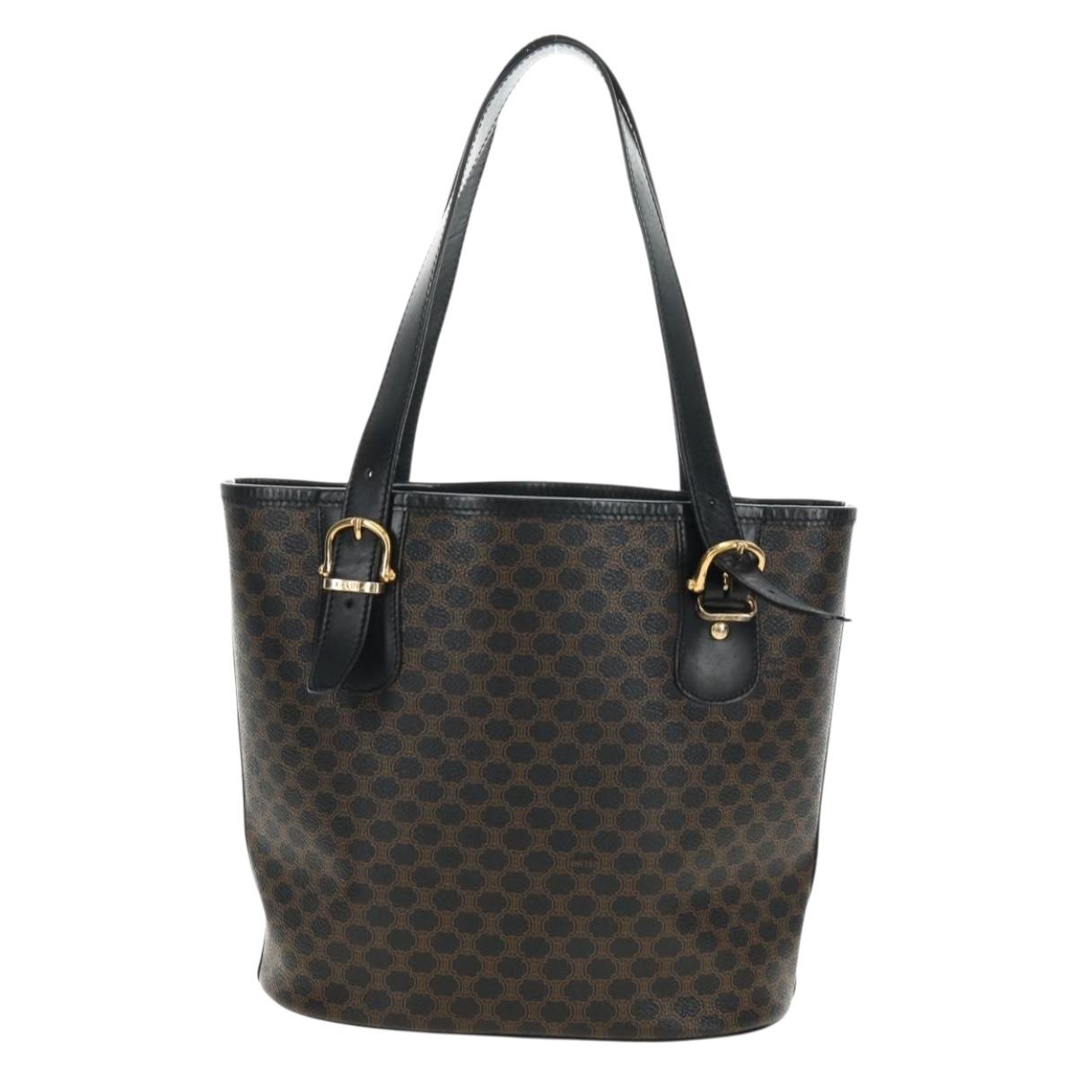 CELINE Macadam Canvas Tote Bag PVC Leather Black Gold Auth 187136V