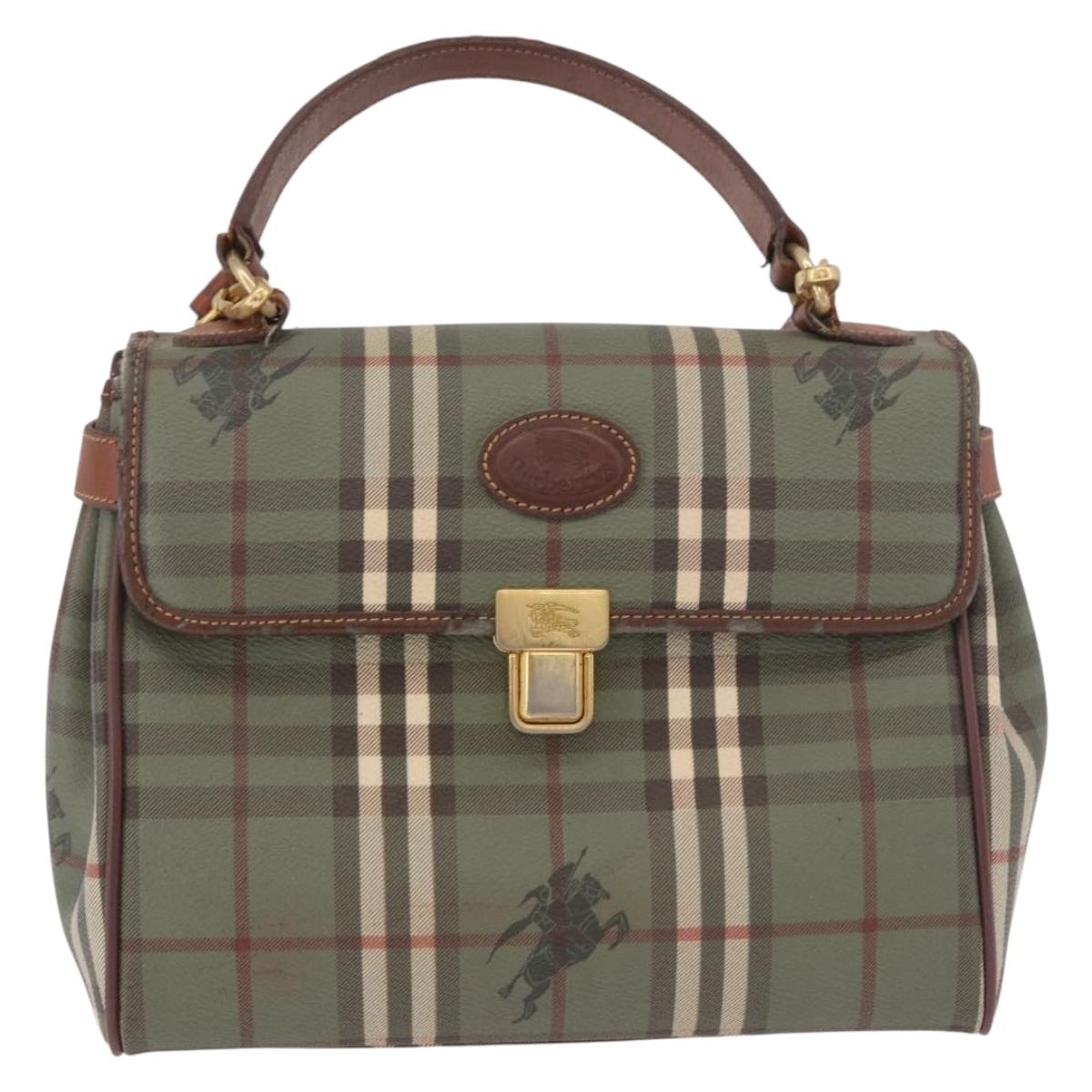 Burberrys Nova Check Hand Bag PVC 2way Green Gold Auth 187139