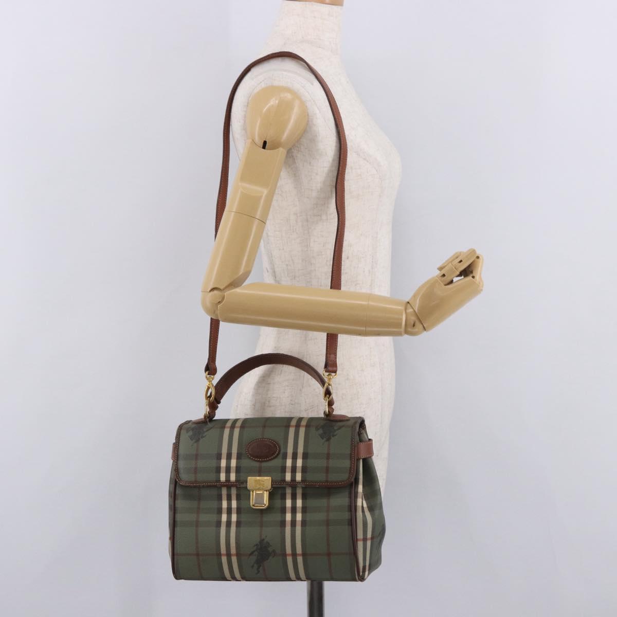 Burberrys Nova Check Hand Bag PVC 2way Green Gold Auth 187139