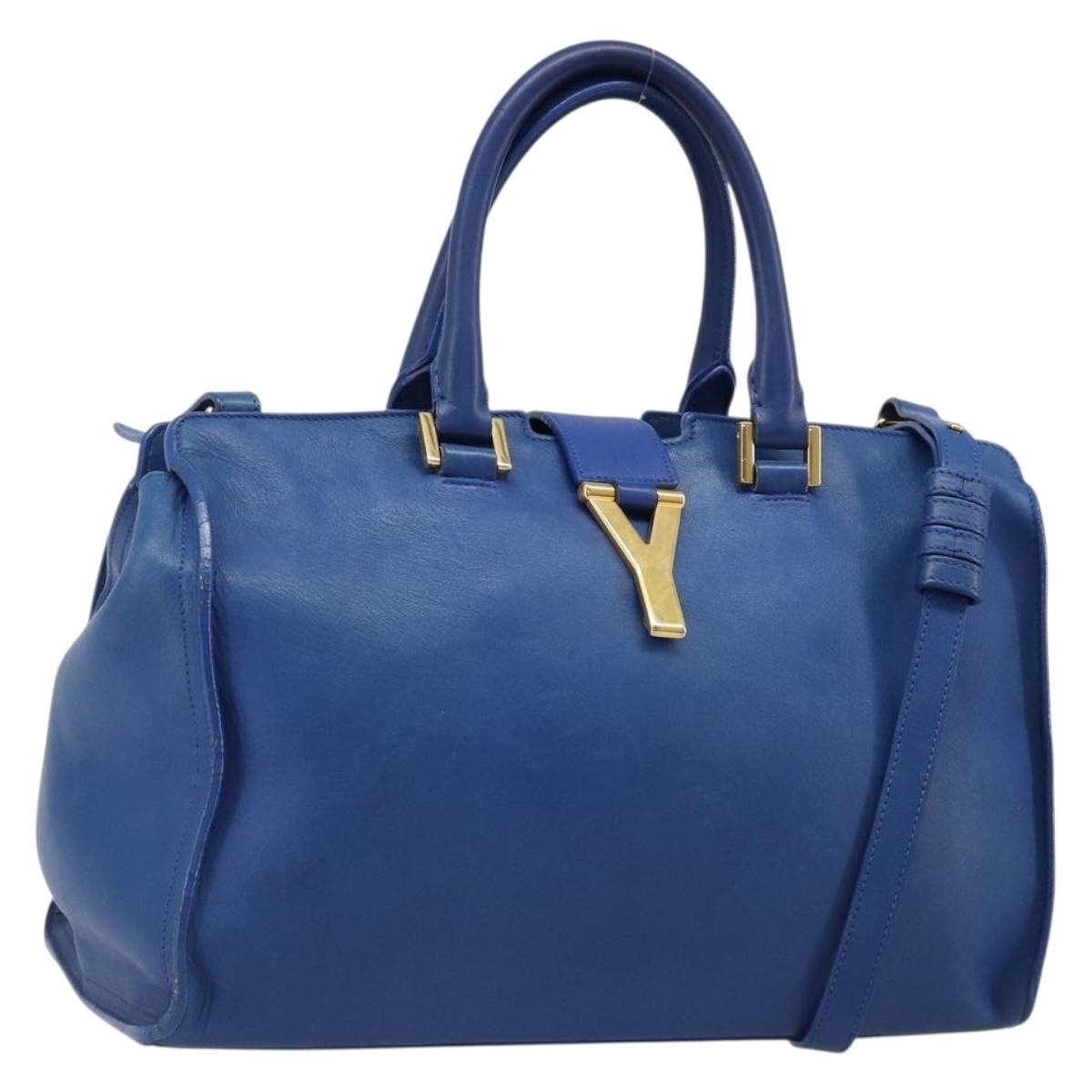 SAINT LAURENT Petit Cabas Hand Bag Leather 2way Blue Gold Auth 187142A
