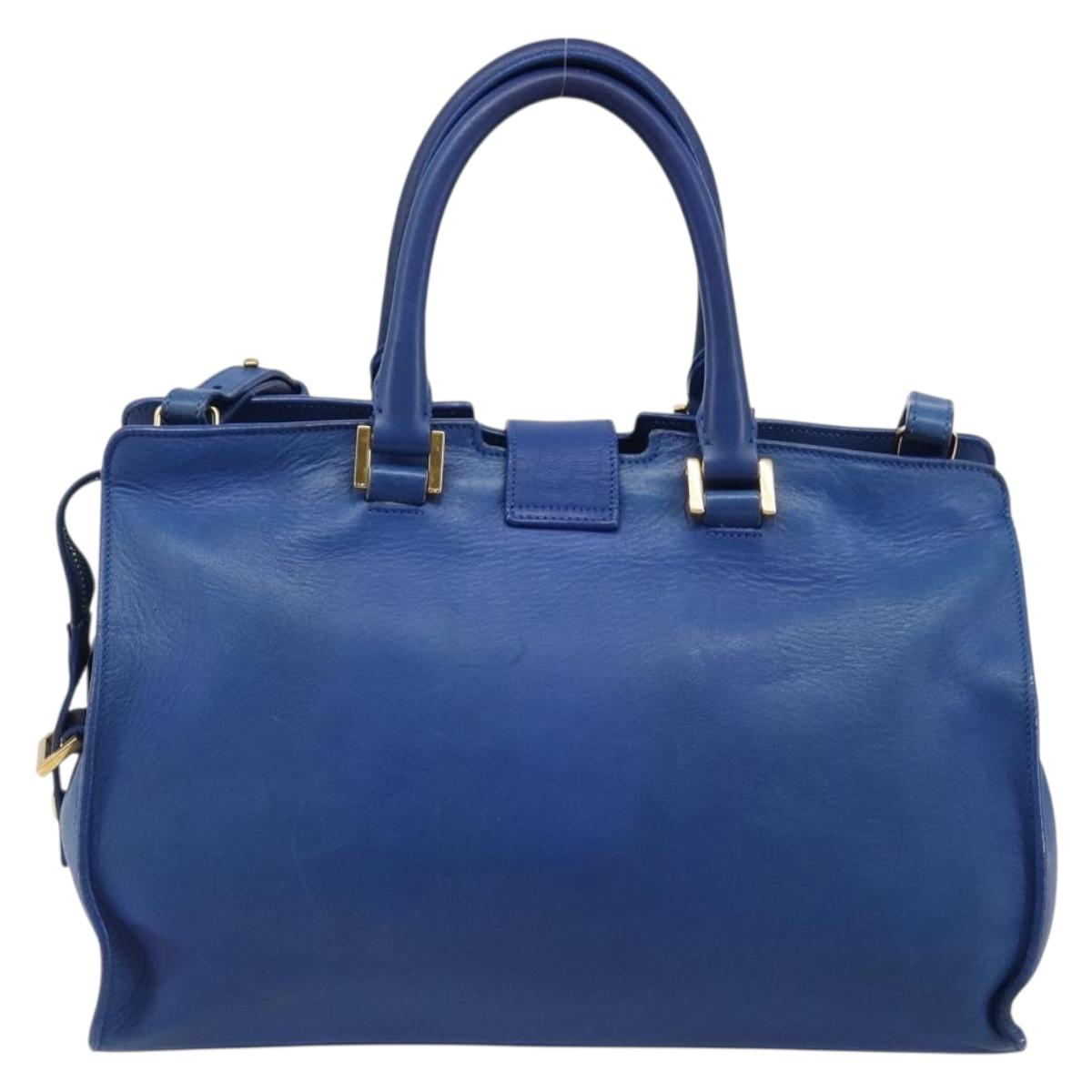 SAINT LAURENT Petit Cabas Hand Bag Leather 2way Blue Gold Auth 187142A